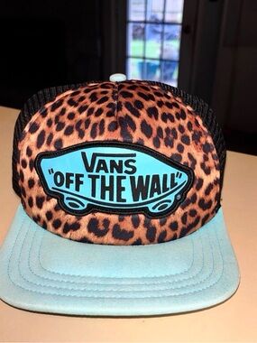 Discontinued Retro Vans “Off The Wall” Leopard Print Trucker Hat with Aqua Patch